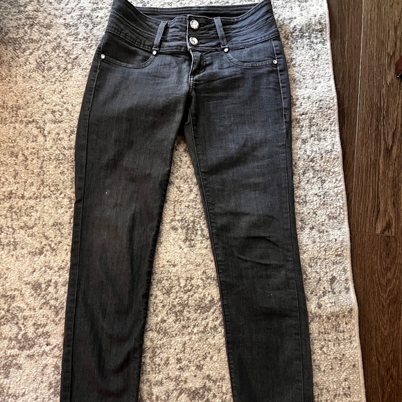 Watch LA Straight Legged Skinny Gray Jeans with Stone Crystal Button Detailing - Picture 1 of 4